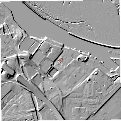 Shaded relief map of the ground around CH654EN, computed from Environment Agency LiDAR. The ground here sits at about 7 m above sea level and falls 16 m across the surrounding 800 m. Surface water reaching this point runs off ground lying to the south-west, 11.4 m higher.