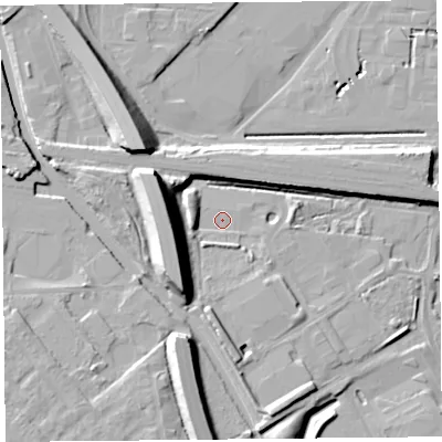 Shaded relief map of the ground around CH654EP, computed from Environment Agency LiDAR. The ground here sits at about 8 m above sea level and falls 18 m across the surrounding 800 m. Surface water reaching this point runs off ground lying to the west-south-west, 14.1 m higher.