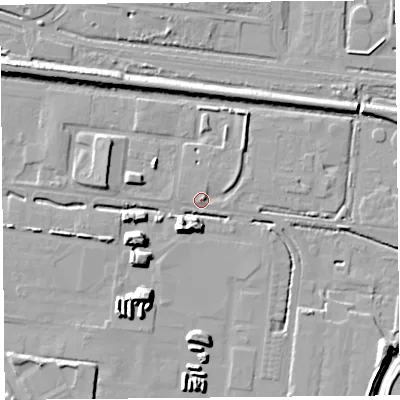 Shaded relief map of the ground around CH654EQ, computed from Environment Agency LiDAR. The ground here sits at about 6 m above sea level and falls 11 m across the surrounding 800 m. Surface water reaching this point runs off ground lying to the east-north-east, 1.8 m higher.