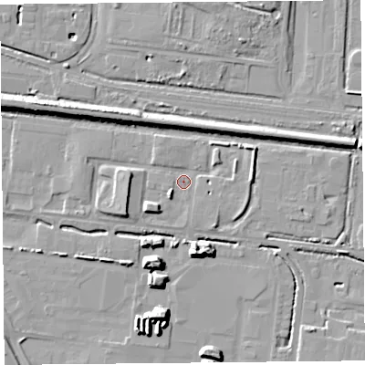 Shaded relief map of the ground around CH654ET, computed from Environment Agency LiDAR. The ground here sits at about 5 m above sea level and falls 10 m across the surrounding 800 m. Surface water reaching this point runs off ground lying to the south-west, 4.5 m higher.
