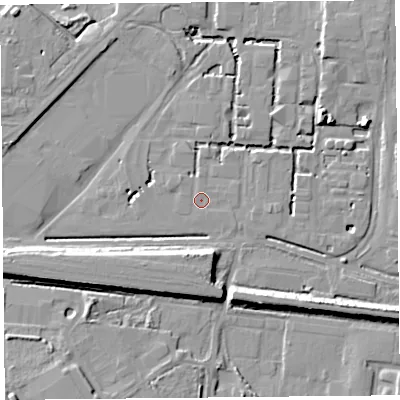 Shaded relief map of the ground around CH654EY, computed from Environment Agency LiDAR. The ground here sits at about 7 m above sea level and falls 10 m across the surrounding 800 m. Surface water reaching this point runs off ground lying to the north-west, 0.7 m higher.