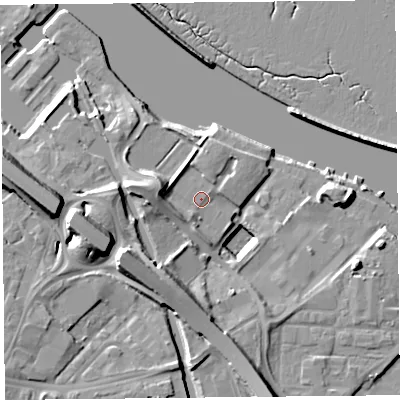 Shaded relief map of the ground around CH654FF, computed from Environment Agency LiDAR. The ground here sits at about 10 m above sea level and falls 16 m across the surrounding 800 m. Surface water reaching this point runs off ground lying to the west-north-west, 5.7 m higher.