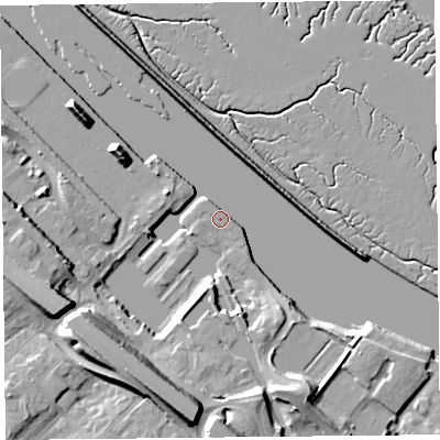 Shaded relief map of the ground around CH654FL, computed from Environment Agency LiDAR. The ground here sits at about 6 m above sea level and falls 20 m across the surrounding 800 m. Surface water reaching this point runs off ground lying to the south-south-east, 11.3 m higher.