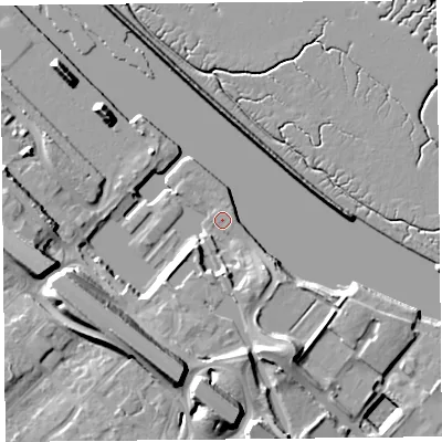 Shaded relief map of the ground around CH654FW, computed from Environment Agency LiDAR. The ground here sits at about 7 m above sea level and falls 19 m across the surrounding 800 m. Surface water reaching this point runs off ground lying to the south, 13.7 m higher.