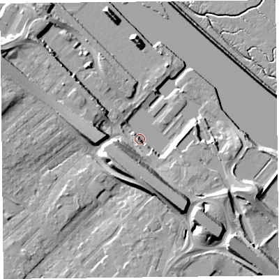 Shaded relief map of the ground around CH654FY, computed from Environment Agency LiDAR. The ground here sits at about 8 m above sea level and falls 17 m across the surrounding 800 m. Surface water reaching this point runs off ground lying to the south-east, 13.7 m higher.