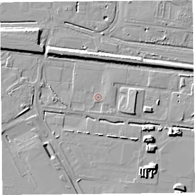 Shaded relief map of the ground around CH654LB, computed from Environment Agency LiDAR. The ground here sits at about 5 m above sea level and falls 10 m across the surrounding 800 m. Surface water reaching this point runs off ground lying to the west, 6.1 m higher.