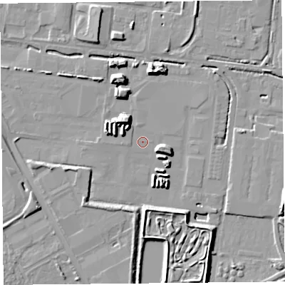 Shaded relief map of the ground around CH654LD, computed from Environment Agency LiDAR. The ground here sits at about 5 m above sea level and falls 12 m across the surrounding 800 m. Surface water reaching this point runs off ground lying to the north-west, 8.5 m higher.
