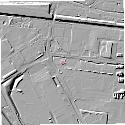 Shaded relief map of the ground around CH654LE, computed from Environment Agency LiDAR. The ground here sits at about 6 m above sea level and falls 12 m across the surrounding 800 m. Surface water reaching this point runs off ground lying to the east-south-east, 4.2 m higher.