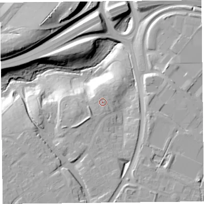 Shaded relief map of the ground around CH661SN, computed from Environment Agency LiDAR. The ground here sits at about 23 m above sea level and falls 28 m across the surrounding 800 m. Surface water reaching this point runs off ground lying to the south-west, 4.0 m higher.