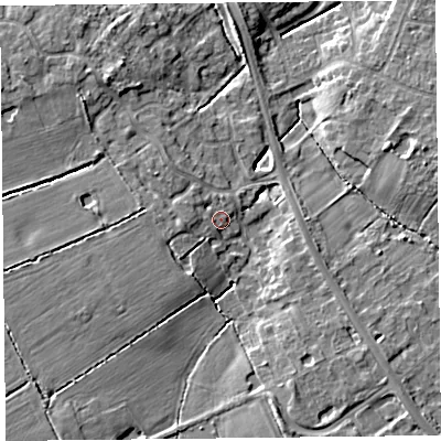 Shaded relief map of the ground around CH662GY, computed from Environment Agency LiDAR. The ground here sits at about 32 m above sea level and falls 8 m across the surrounding 800 m. Surface water reaching this point runs off ground lying to the south-south-east, 4.9 m higher.