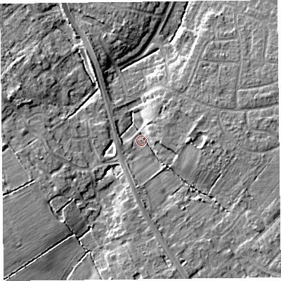 Shaded relief map of the ground around CH662NA, computed from Environment Agency LiDAR. The ground here sits at about 30 m above sea level and falls 8 m across the surrounding 800 m. Surface water reaching this point runs off ground lying to the east, 5.0 m higher.