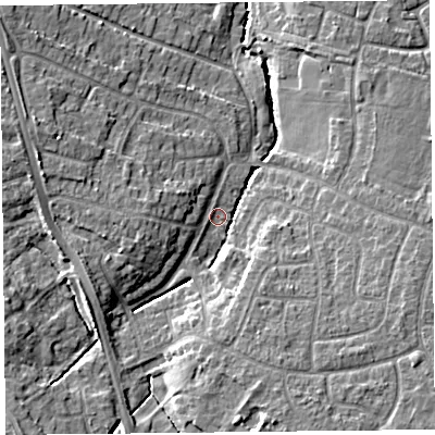 Shaded relief map of the ground around CH662NF, computed from Environment Agency LiDAR. The ground here sits at about 29 m above sea level and falls 10 m across the surrounding 800 m. Surface water reaching this point runs off ground lying to the west-south-west, 6.2 m higher.