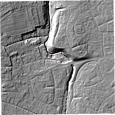 Shaded relief map of the ground around CH663NS, computed from Environment Agency LiDAR. The ground here sits at about 24 m above sea level and falls 16 m across the surrounding 800 m. Surface water reaching this point runs off ground lying to the west, 10.5 m higher.