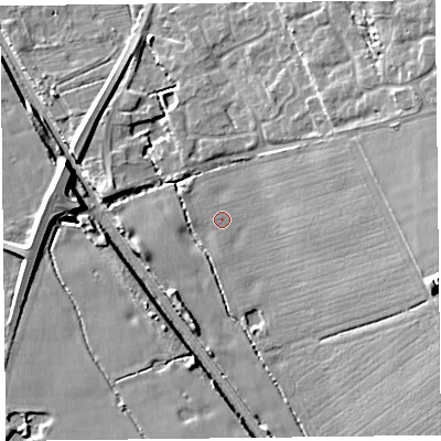 Shaded relief map of the ground around CH664DB, computed from Environment Agency LiDAR. The ground here sits at about 34 m above sea level and falls 13 m across the surrounding 800 m. Surface water reaching this point runs off ground lying to the east-south-east, 10.7 m higher.