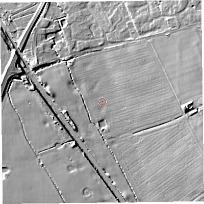 Shaded relief map of the ground around CH664DE, computed from Environment Agency LiDAR. The ground here sits at about 34 m above sea level and falls 13 m across the surrounding 800 m. Surface water reaching this point runs off ground lying to the east, 10.5 m higher.