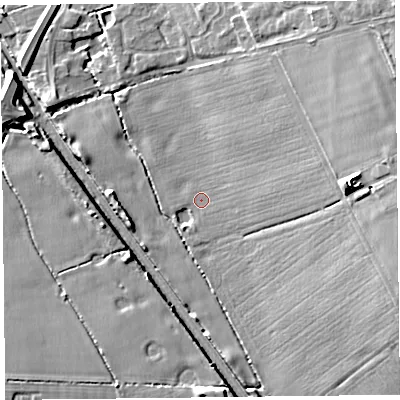 Shaded relief map of the ground around CH664DG, computed from Environment Agency LiDAR. The ground here sits at about 34 m above sea level and falls 13 m across the surrounding 800 m. Surface water reaching this point runs off ground lying to the east, 10.5 m higher.