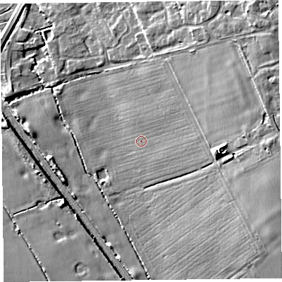 Shaded relief map of the ground around CH664DN, computed from Environment Agency LiDAR. The ground here sits at about 35 m above sea level and falls 13 m across the surrounding 800 m. Surface water reaching this point runs off ground lying to the east-north-east, 8.1 m higher.