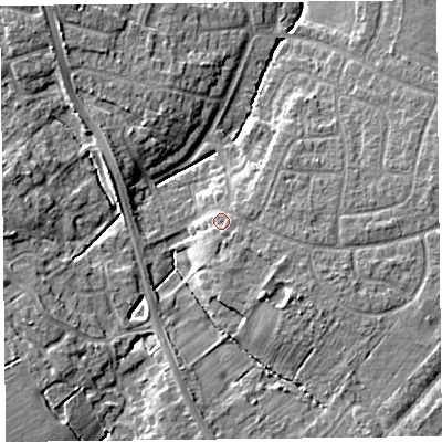 Shaded relief map of the ground around CH664JS, computed from Environment Agency LiDAR. The ground here sits at about 32 m above sea level and falls 8 m across the surrounding 800 m. Surface water reaching this point runs off ground lying to the south-east, 1.4 m higher.