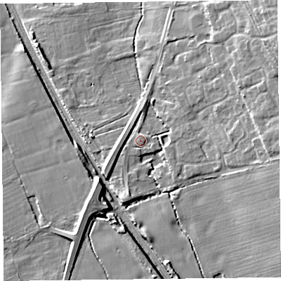 Shaded relief map of the ground around CH664QR, computed from Environment Agency LiDAR. The ground here sits at about 34 m above sea level and falls 9 m across the surrounding 800 m. Surface water reaching this point runs off ground lying to the south-west, 1.6 m higher.