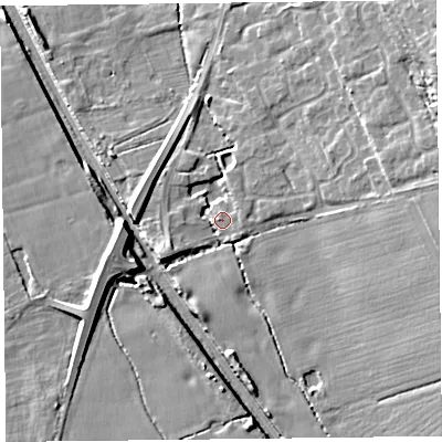 Shaded relief map of the ground around CH664QW, computed from Environment Agency LiDAR. The ground here sits at about 34 m above sea level and falls 10 m across the surrounding 800 m. Surface water reaching this point runs off ground lying to the east, 6.7 m higher.