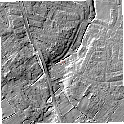 Shaded relief map of the ground around CH664TX, computed from Environment Agency LiDAR. The ground here sits at about 30 m above sea level and falls 9 m across the surrounding 800 m. Surface water reaching this point runs off ground lying to the west-south-west, 7.3 m higher.