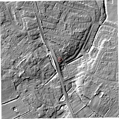 Shaded relief map of the ground around CH664TY, computed from Environment Agency LiDAR. The ground here sits at about 33 m above sea level and falls 9 m across the surrounding 800 m. Surface water reaching this point runs off ground lying to the north-west, 2.9 m higher.