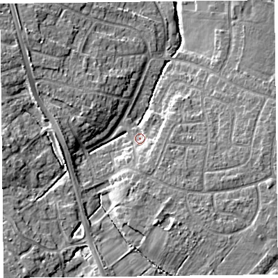 Shaded relief map of the ground around CH664TZ, computed from Environment Agency LiDAR. The ground here sits at about 30 m above sea level and falls 9 m across the surrounding 800 m. Surface water reaching this point runs off ground lying to the south-south-east, 3.3 m higher.