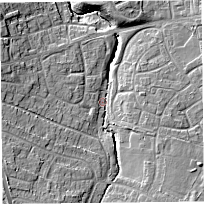 Shaded relief map of the ground around CH664XU, computed from Environment Agency LiDAR. The ground here sits at about 26 m above sea level and falls 13 m across the surrounding 800 m. Surface water reaching this point runs off ground lying to the south-west, 9.4 m higher.