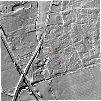 Shaded relief map of the ground around CH664YY, computed from Environment Agency LiDAR. The ground here sits at about 34 m above sea level and falls 12 m across the surrounding 800 m. Surface water reaching this point runs off ground lying to the east-north-east, 1.3 m higher.