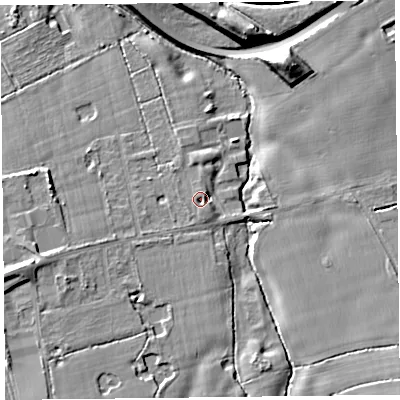 Shaded relief map of the ground around CH667NZ, computed from Environment Agency LiDAR. The ground here sits at about 25 m above sea level and falls 14 m across the surrounding 800 m. Surface water reaching this point runs off ground lying to the north-east, 2.8 m higher.