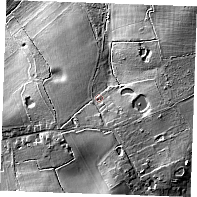 Shaded relief map of the ground around CM111QL, computed from Environment Agency LiDAR. The ground here sits at about 65 m above sea level and falls 25 m across the surrounding 800 m. Surface water reaching this point runs off ground lying to the south-south-east, 5.2 m higher.