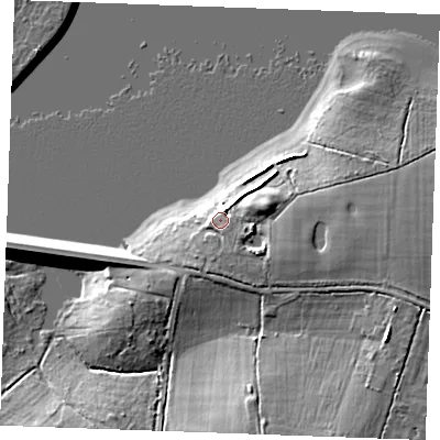Shaded relief map of the ground around CM111WT, computed from Environment Agency LiDAR. The ground here sits at about 58 m above sea level and falls 14 m across the surrounding 800 m. Surface water reaching this point runs off ground lying to the east-north-east, 4.4 m higher.