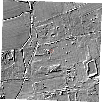 Shaded relief map of the ground around CM112ET, computed from Environment Agency LiDAR. The ground here sits at about 18 m above sea level and falls 10 m across the surrounding 800 m. Surface water reaching this point runs off ground lying to the south, 3.4 m higher.