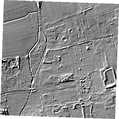 Shaded relief map of the ground around CM112FA, computed from Environment Agency LiDAR. The ground here sits at about 19 m above sea level and falls 9 m across the surrounding 800 m. Surface water reaching this point runs off ground lying to the south-south-east, 3.4 m higher.