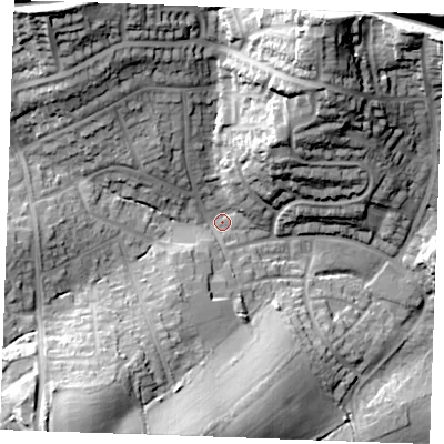 Shaded relief map of the ground around CM112HQ, computed from Environment Agency LiDAR. The ground here sits at about 47 m above sea level and falls 36 m across the surrounding 800 m. Surface water reaching this point runs off ground lying to the north-north-east, 29.8 m higher.