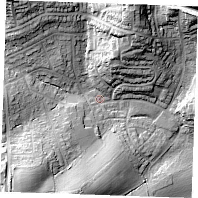 Shaded relief map of the ground around CM112JF, computed from Environment Agency LiDAR. The ground here sits at about 46 m above sea level and falls 36 m across the surrounding 800 m. Surface water reaching this point runs off ground lying to the north-north-east, 30.0 m higher.