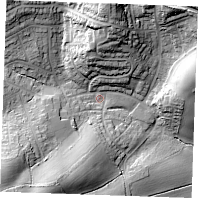 Shaded relief map of the ground around CM112JR, computed from Environment Agency LiDAR. The ground here sits at about 45 m above sea level and falls 38 m across the surrounding 800 m. Surface water reaching this point runs off ground lying to the north, 31.0 m higher.