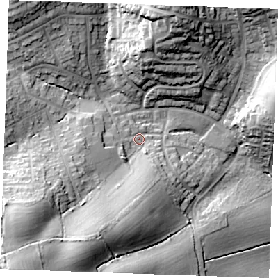 Shaded relief map of the ground around CM112JS, computed from Environment Agency LiDAR. The ground here sits at about 47 m above sea level and falls 36 m across the surrounding 800 m. Surface water reaching this point runs off ground lying to the south-west, 27.2 m higher.