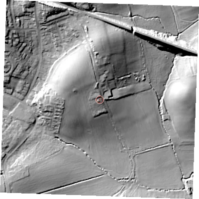 Shaded relief map of the ground around CM112TX, computed from Environment Agency LiDAR. The ground here sits at about 54 m above sea level and falls 37 m across the surrounding 800 m. Surface water reaching this point runs off ground lying to the north-north-west, 6.1 m higher.