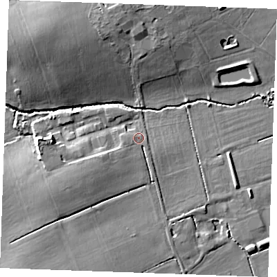 Shaded relief map of the ground around CM112UF, computed from Environment Agency LiDAR. The ground here sits at about 21 m above sea level and falls 11 m across the surrounding 800 m. Surface water reaching this point runs off ground lying to the west-south-west, 2.1 m higher.