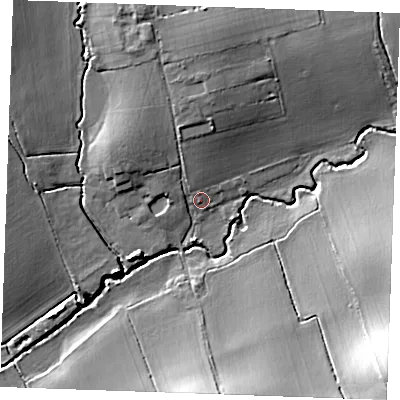 Shaded relief map of the ground around CM112UN, computed from Environment Agency LiDAR. The ground here sits at about 16 m above sea level and falls 21 m across the surrounding 800 m. Surface water reaching this point runs off ground lying to the north, 6.1 m higher.