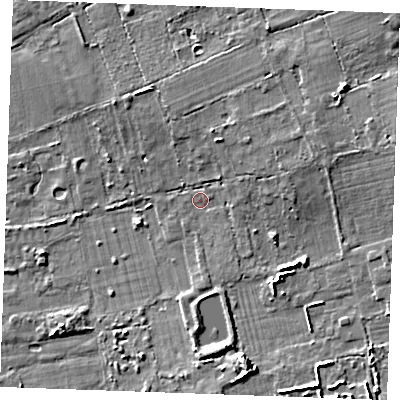 Shaded relief map of the ground around CM112YG, computed from Environment Agency LiDAR. The ground here sits at about 20 m above sea level and falls 14 m across the surrounding 800 m. Surface water reaching this point runs off ground lying to the north-east, 10.9 m higher.