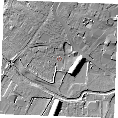 Shaded relief map of the ground around CM11AE, computed from Environment Agency LiDAR. The ground here sits at about 26 m above sea level and falls 14 m across the surrounding 800 m. Surface water reaching this point runs off ground lying to the north, 9.3 m higher.