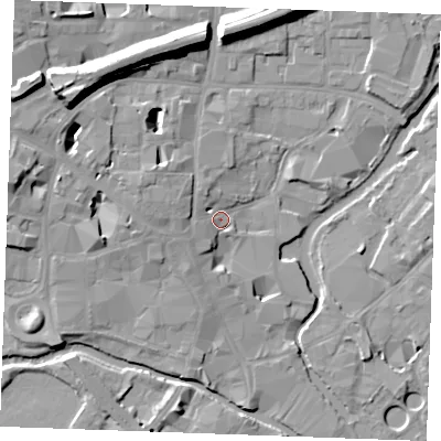 Shaded relief map of the ground around CM11BD, computed from Environment Agency LiDAR. The ground here sits at about 26 m above sea level and falls 17 m across the surrounding 800 m. Surface water reaching this point runs off ground lying to the west-north-west, 4.4 m higher.