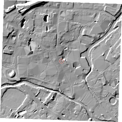 Shaded relief map of the ground around CM11BE, computed from Environment Agency LiDAR. The ground here sits at about 26 m above sea level and falls 17 m across the surrounding 800 m. Surface water reaching this point runs off ground lying to the north-west, 5.7 m higher.