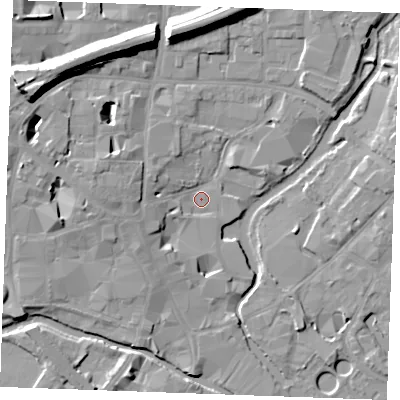 Shaded relief map of the ground around CM11BN, computed from Environment Agency LiDAR. The ground here sits at about 25 m above sea level and falls 17 m across the surrounding 800 m. Surface water reaching this point runs off ground lying to the west, 4.8 m higher.