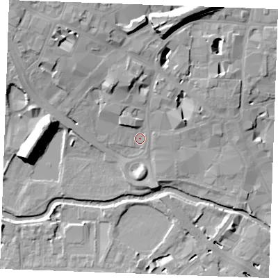 Shaded relief map of the ground around CM11BT, computed from Environment Agency LiDAR. The ground here sits at about 26 m above sea level and falls 17 m across the surrounding 800 m. Surface water reaching this point runs off ground lying to the north-north-west, 6.3 m higher.