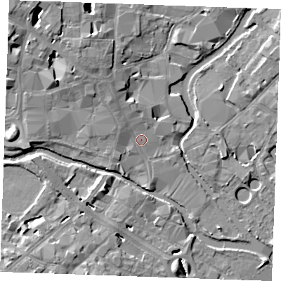 Shaded relief map of the ground around CM11DA, computed from Environment Agency LiDAR. The ground here sits at about 25 m above sea level and falls 11 m across the surrounding 800 m. Surface water reaching this point runs off ground lying to the north-west, 7.1 m higher.