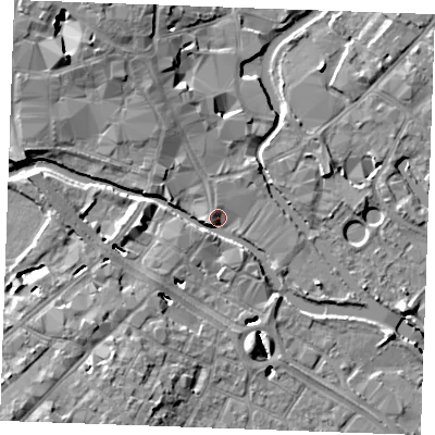 Shaded relief map of the ground around CM11DE, computed from Environment Agency LiDAR. The ground here sits at about 24 m above sea level and falls 10 m across the surrounding 800 m. Surface water reaching this point runs off ground lying to the north-west, 7.9 m higher.