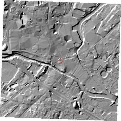 Shaded relief map of the ground around CM11DH, computed from Environment Agency LiDAR. The ground here sits at about 24 m above sea level and falls 11 m across the surrounding 800 m. Surface water reaching this point runs off ground lying to the north-west, 4.8 m higher.